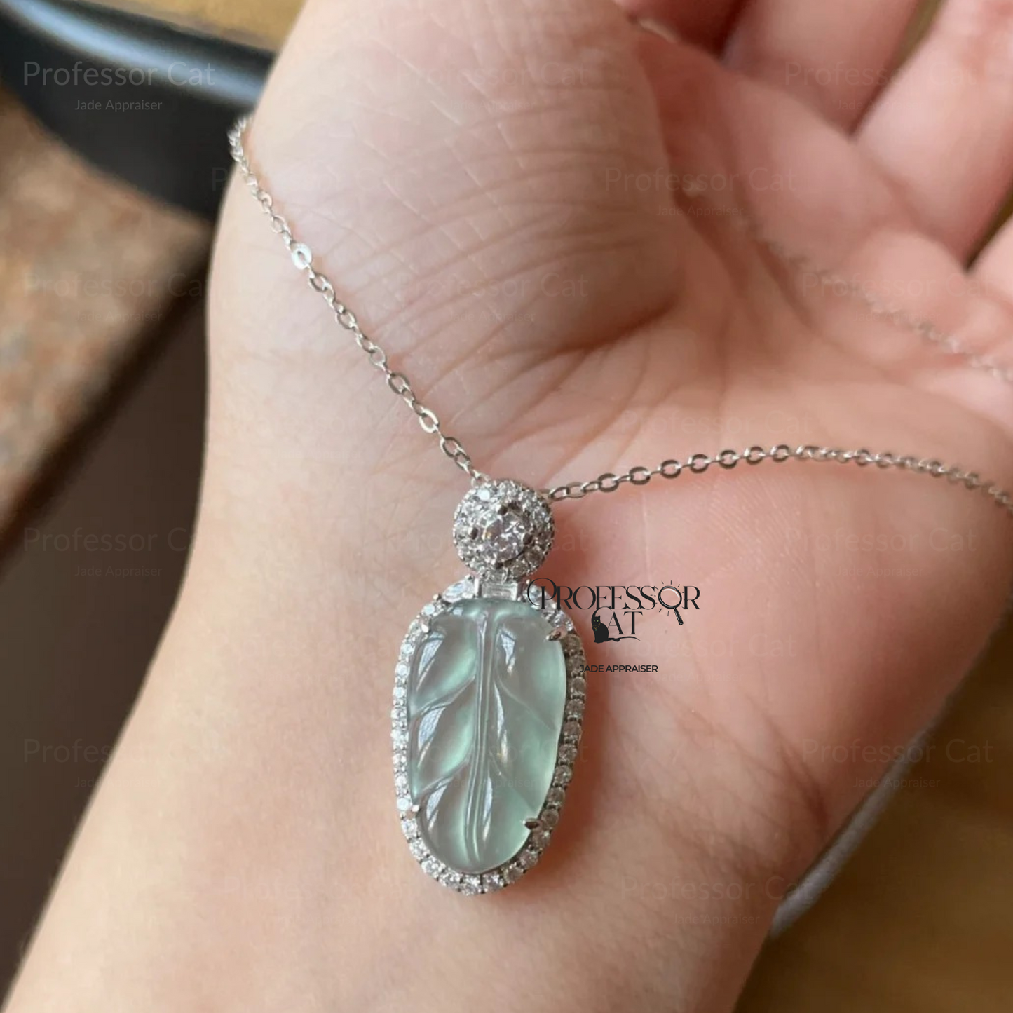 PROFCATJADE Natural Ice Jadeite Leaf Pendant